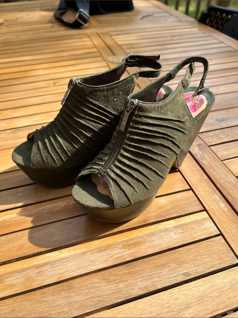 Michael Antonio Olive Green Suede Peep-Toe Platform Heels